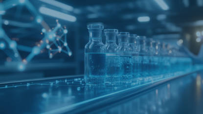 A low-angle, close-up shot shows a row of clear glass vials, filled with a light blue liquid, moving along a conveyor belt in what appears to be a pharmaceutical or laboratory setting. The background is blurred, but hints of machinery and glowing lights are visible. To the left, a digital overlay of an interconnected molecular or neural network structure is partially visible, adding a futuristic and scientific feel. The dominant color is blue, suggesting a sterile or high-tech environment.