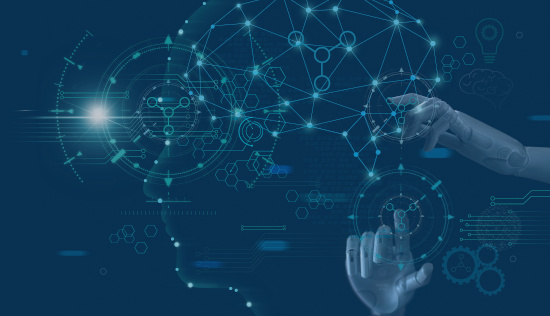 Node networks and geometric shapes in and round the form of a human head, representing a digital mind