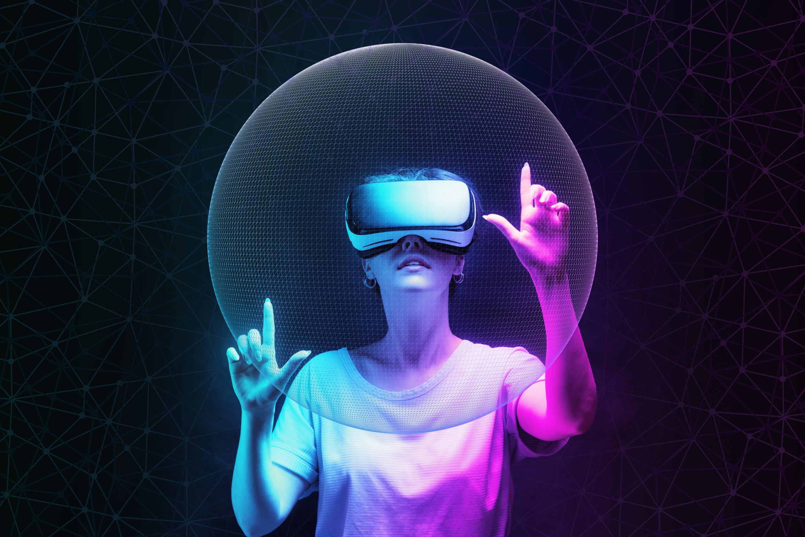 Metaverse and 3D simulation. Portrait of young woman in VR glasses creates mesh sphere. Dark background with neon abstracts. The concept of virtual reality and futurism.