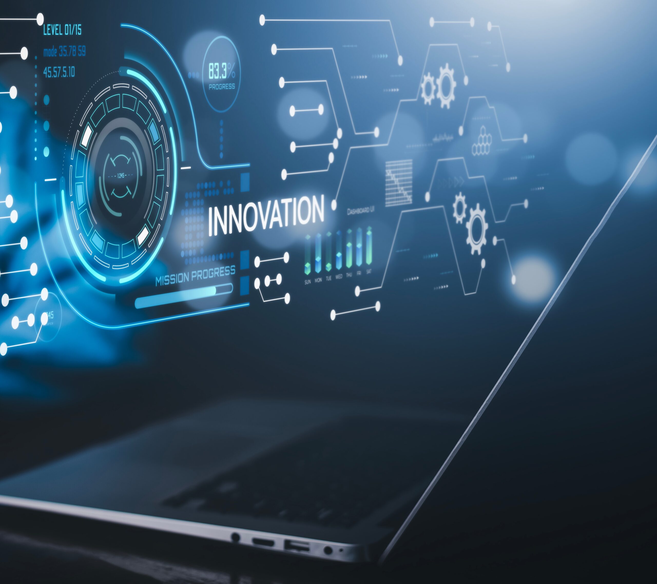 Innovation with Graphical User Interface and big data Concept, businessman using a laptop with touch Innovative ideas presented by management consultants on-screen, design, invention development